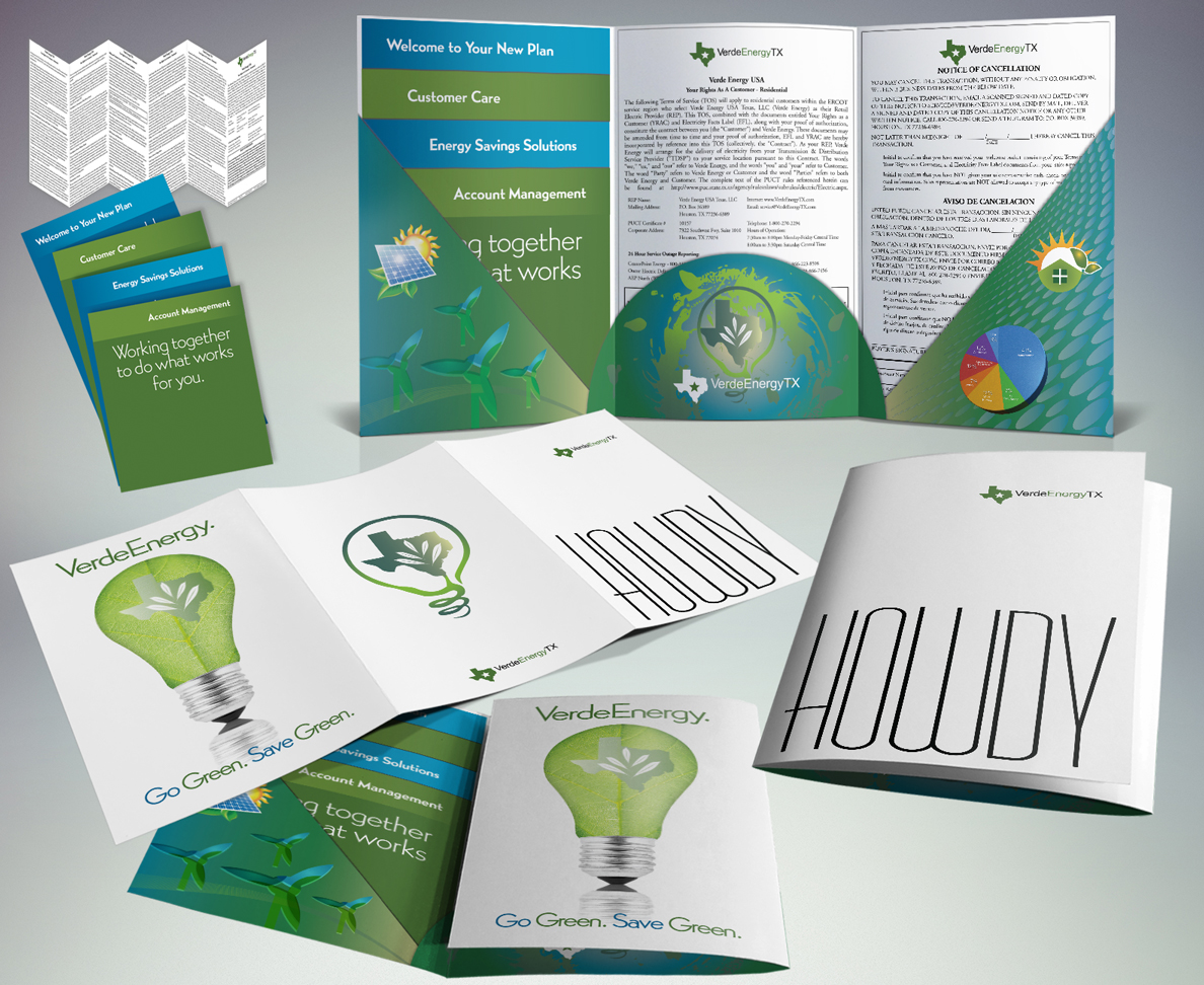 Verde Energy TX welcome folder, brochures and 'Howdy' mailer with a leaf-filament lightbulb.