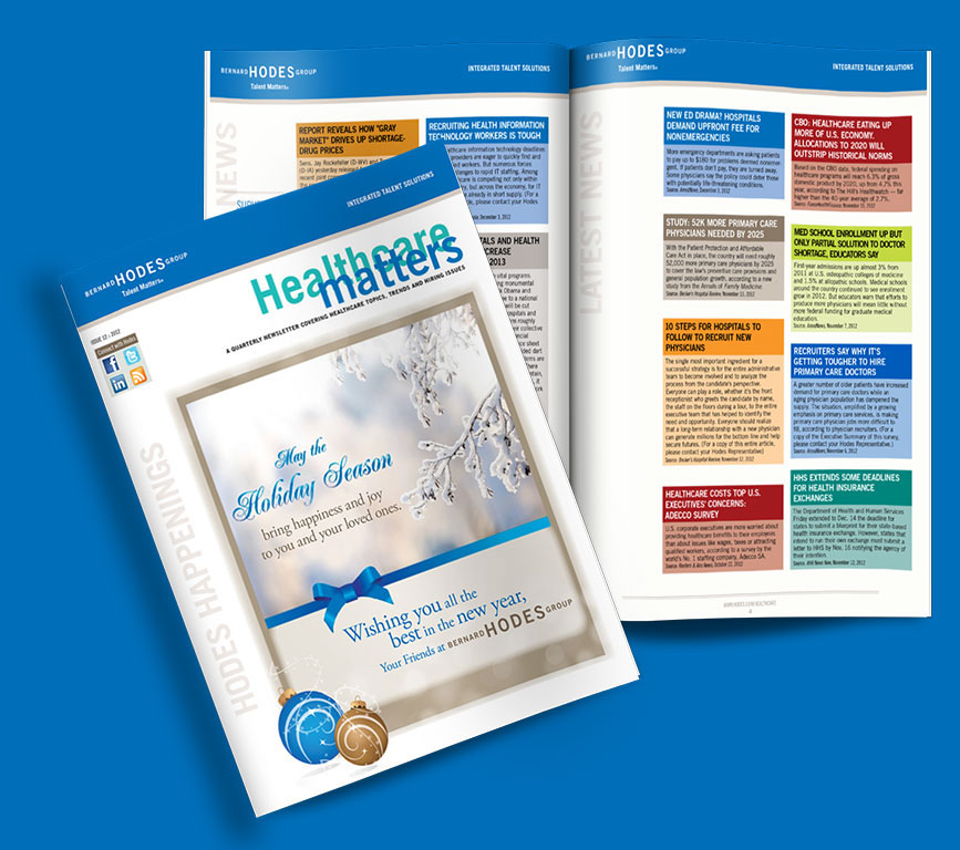 Healthcare Matters quarterly newsletter cover and color-coded interior news spread.