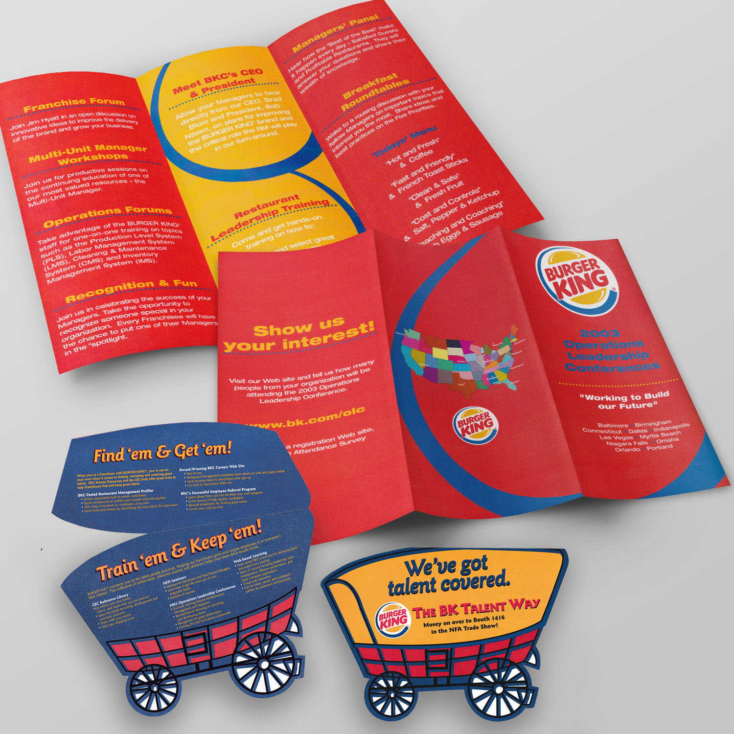 Burger King 2003 Operations Leadership Conference brochure with a die-cut covered-wagon mailer.