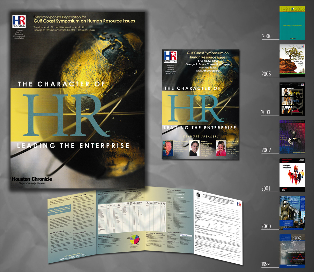 The Character of HR symposium covers and registration brochure with a timeline of past covers.