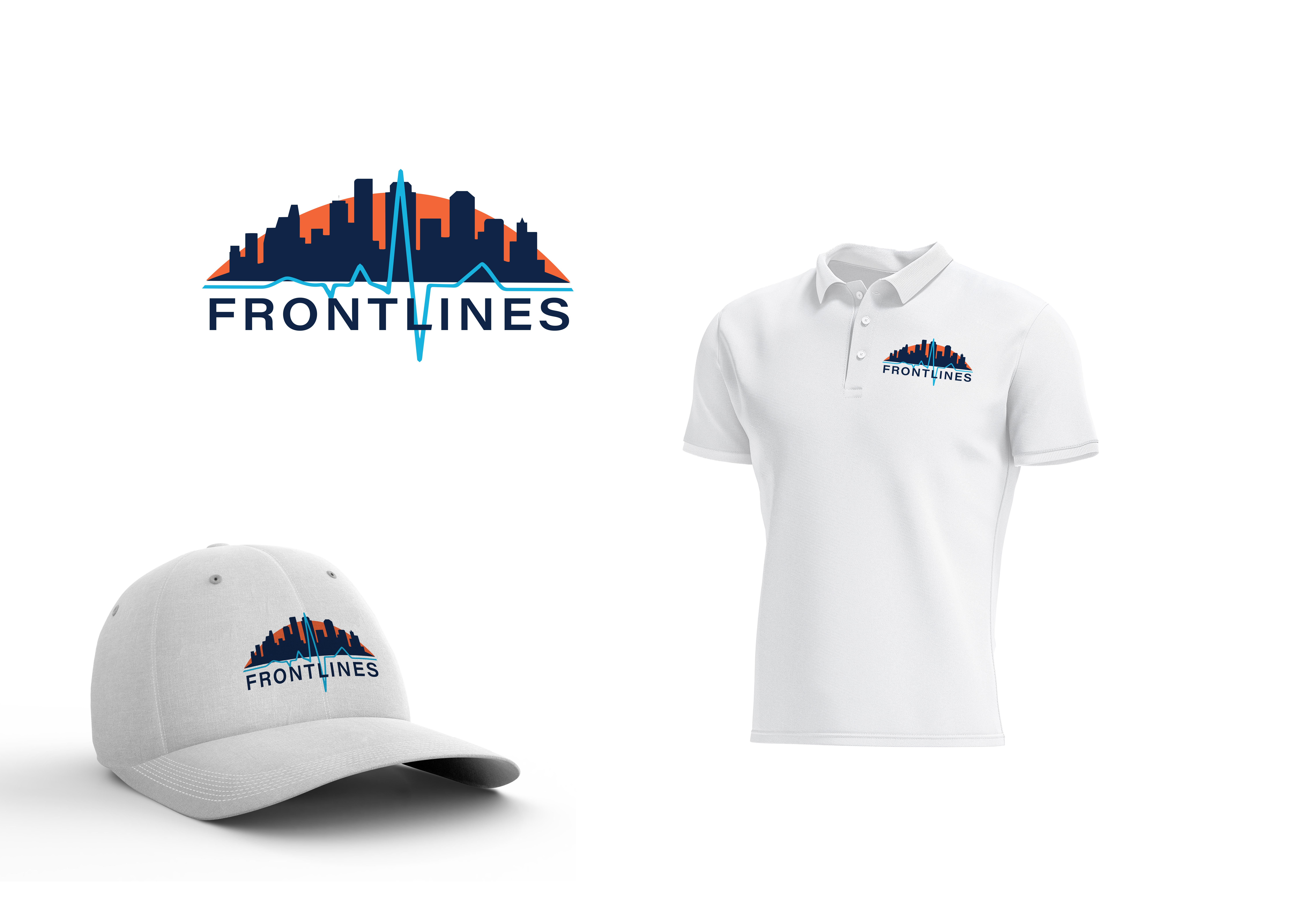 Frontlines logo — Houston skyline forming an EKG line — shown on a polo shirt and cap.